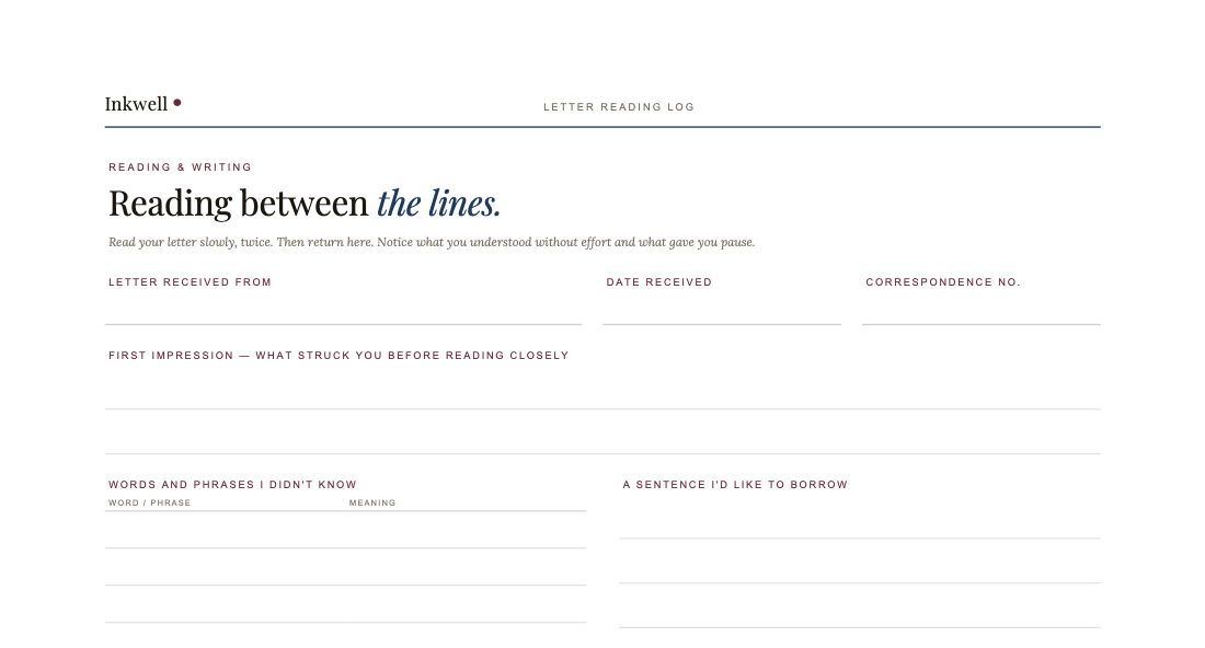 Letter Reading Log: A Comprehension Tracker for Language Learners